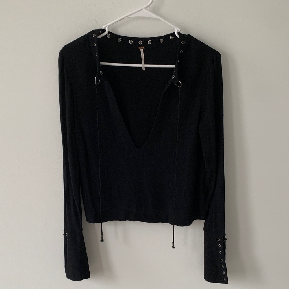 Free People Black Lace-Up Deep V Long Sleeve Top small grommets